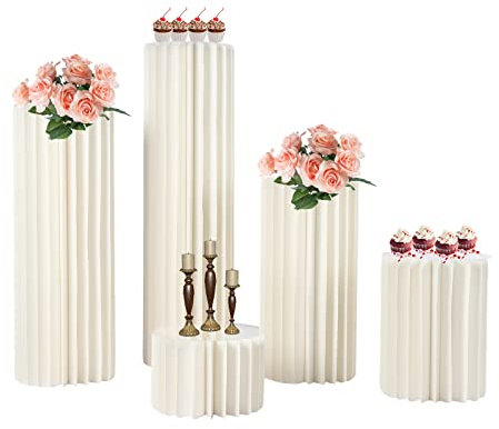 MINRS 5 Stücken Hochzeit Karton Blumensäule Vasen Faltbarer Tafelaufsatz aus Karton, Säulen-Display mit Acryldeckel, Faltbarer Blumenständer Dekosäule für Hochzeit, Party, Garten