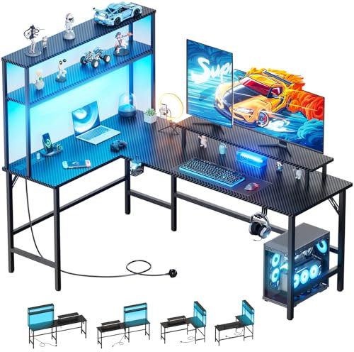 DLONGONE L Shaped Gaming Desk 170 × 100 cm with LED & Power Outlet, Reversible Computer Desk with Shelves and Monitor Stand, Ergonomic Carbon Fiber Corner Desk with Cup Holder & 2 Headphone Hooks