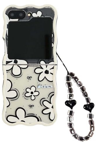 PIQIUZC Custodia protettiva per Samsung Galaxy Z Flip 6 con stampa floreale e cinturino in perline, struttura riccia kawaii, custodia protettiva per Galaxy Z Flip 6 (con catena)