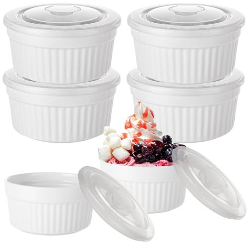 SENENQU 6 Pack 250ml / 8.8oz White Porcelain Ramekins with Lids, 10cm Ceramic Creme Brulee Dishes, Souffle Dishes Small Dipping Bowls Sauce Pots for Custards Pudding Jams Cupcakes Muffin – 2cm Height