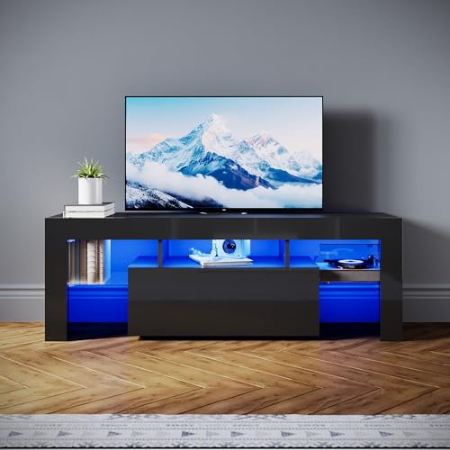 SONNI TV-Schrank Modern 130cm, Lowboard Hochglanz Schwarz mit 16 Farben LED-Beleuchtung, Schublade, offene Glasböden, Fernsehtisch für Fernseher bis 65 Zoll Wohnzimmer & Schlafzimmer, 130x35x45cm.