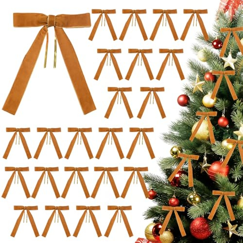 DARENYI 24 Pezzi Fiocchi di Nastro di Natale Kaki, Fiocco Decorativo Natalizio Grande per Albero di Natale Ghirlanda Natalizia Natalizio Addobbi Decorazione per Porta Casa Regalo Fai da Te