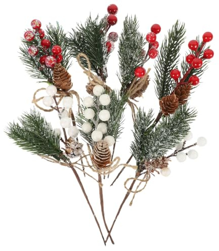 Healifty Christmas Pine Picks 7Pcs Artificial Pine Needle Branches with Pinecones and Berry Stems for Diy Wreath Making Xmas Floral Arrangement Table Centerpiece Decor
