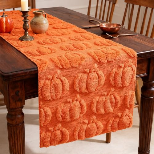 Yoassi Tischläufer Kürbis Herbst mit Kürbismuster, Tischdecke Tisch Dekoration Herbstdekoration weicher Plüsch Samt, Modern Herbstdeko für Küche, Urlaub, Party, Deko, Orange, 33x183 cm
