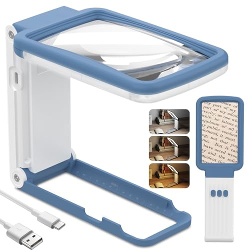 Coteck 15X Lupe mit Licht und Ständer, Echtglaslinse Leselupe, Wiederaufladbare, Faltbare Große Handlupe, 3 Farbmodi Dimmbare, Beleuchtete Seitenlupe für Senioren, Juwelier - Blau Weiß