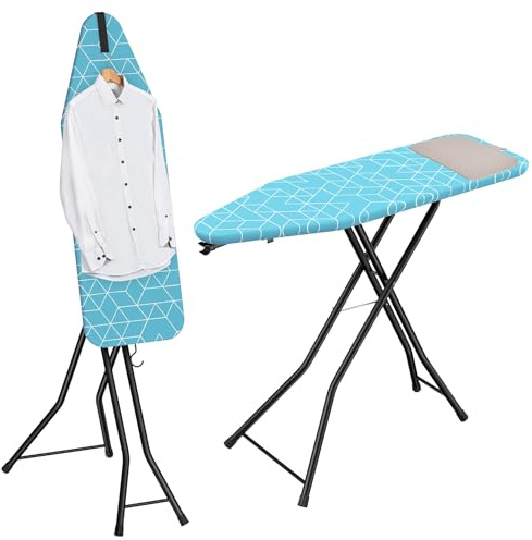 LyriFine Ironing Board, 2-in-1 Flat and Hanging Board, Sturdy Steel Frame Iron Board with Non-Slip Feet, Heat Resistant Cover Iron Board with Iron Rest, Ironing Board Full Size & Hook, 14″ x 43″ Blue