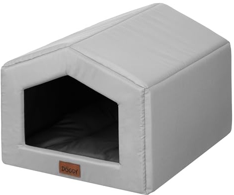 DOGGY Hundehütte – Hundehöhle mit Kissen - Winterfest Wasserdicht Wetterfester – Warm Hundehaus - Katzenhaus Für Draußen - Haustiere Kleine Hund Katze 46x50x38 cm - Aschgrau