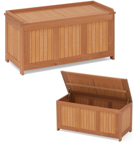 COSTWAY Coffre de Jardin Exterieur 3 en 1 en Bois Massif, Coffre de Rangement 220 L avec Couvercle Rabattable Charnière en Métal, Organisateur pour Terrasse Jardin Patio, Naturel