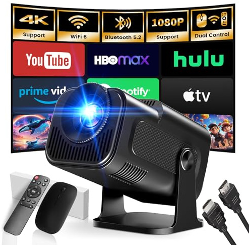 [App Integrada] 2026 Upgraded Proyector Portátil 1920x1080P 4K Supote Videoproyector Dual Control WiFi 6 BT5.2 180° Rotation Compatible con HDMI/TV Stick/USB/Laptop, Negro Oscuro