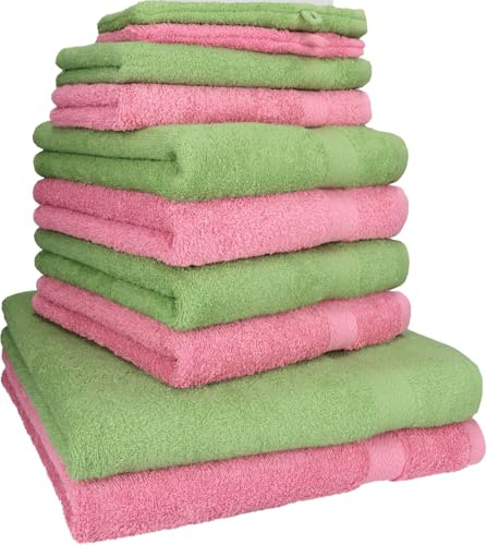 Betz 10-TLG. Handtuch-Set Premium 100% Baumwolle 2 Duschtücher 4 Handtücher 2 Gästetücher 2 Waschhandschuhe Farbe Apfel Grün & Altrosa