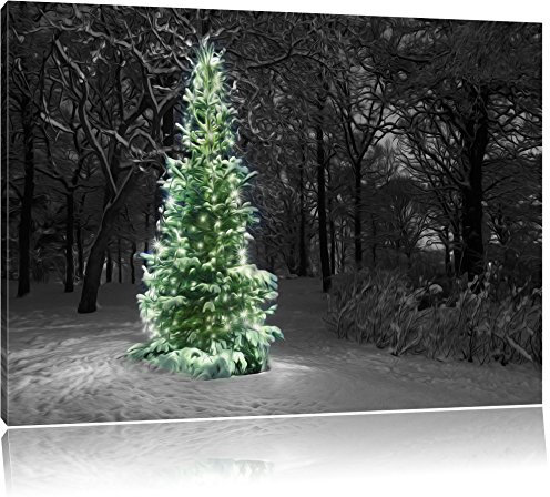 Pixxprint Weihnachtsbaum im Winterwald B&W, Größe: 60x40cm, Leinwandbild, fertig gespannt, Wandbild, Dekoration, Kunstdruck, kein Poster