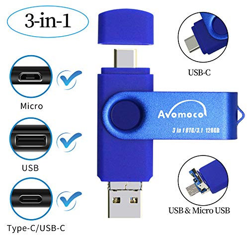 AVOMOCO 3.1 128GB 3 in1 High Speed Photo Backup Flash Drive for Android Phones wtih Type C/Micro Port&Tablets&PC. Photo-Stick-for Samsung Phones,LG,Google,Hua Wei.Moto, one Plus.etc