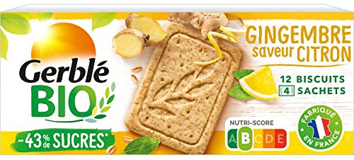 Gerblé Bio, Sablés bio saveurs citron et gingembre, Allégés en sucres, Sans huile de palme, 216083, 1 Paquet de 12 Biscuits, 132 g