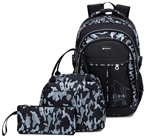 IvyH Schulrucksack Jungen Teenager, Kinderrucksack Camouflage Rucksäcke Jugendliche Jungen Mädchen 3-In-1 Schulranzen für Schule(Grau)