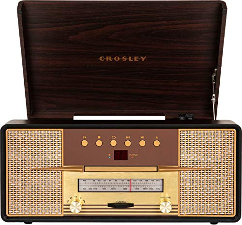 Crosley CR7016A-MA Rhapsody 7-in-1 Bluetooth 3-Speed Vinyl Record Player Turntable CD Player, AM/FM Radio, Mahogany