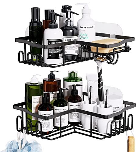 HapiRm Shower Caddy Bathroom Corner Shelves with Soap Dish Holder, Bathroom Storage with 11 Hooks for Hanging Razor, Shower Ball, Towel, Black