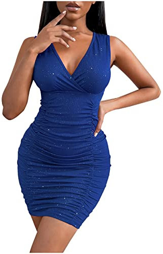 Sisifa Abendkleid Kurz Damen Sexy V-Ausschnitt Minikleid Glitzer Pailletten Bodycon Ruched Ärmellos Cocktailkleid Tank Enges Wickelkleid Partykleid Clubwear Nachtkleid, Blau, XL