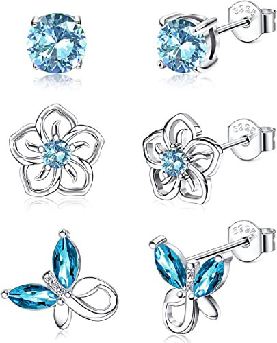 JeweBella 3Para Ohrstecker Kinder Mädchen Silber 925 Pfosten mit Geburtsstein Hypoallergene Knorpel Ohrringe Mädchen Blume Schmetterling Ohrringe Geschenke zum Geburtstag Weihnachten für Mädchen Damen