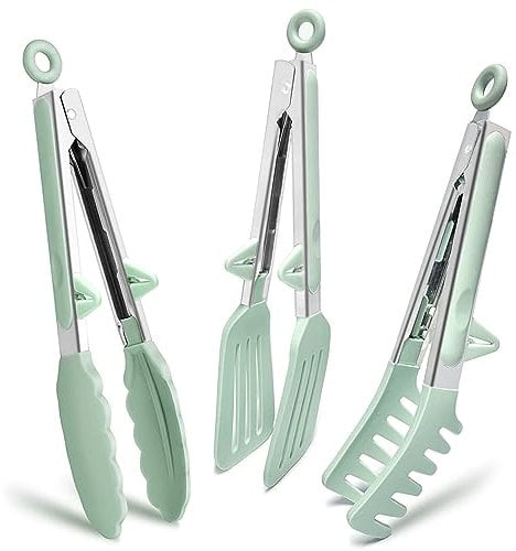 Pince Cuisine Inox, 23cm Lot de 3 Pince Barbecue avec Embouts en Silicone, Pince Plancha pour Griller, Barbecue, Buffet, Vert
