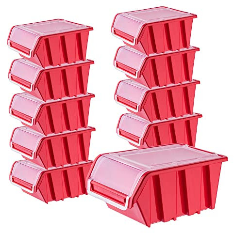 KADAX Stacking Boxes, Plastic Tool Organiser with Lids, Durable Storage Containers for Screws, Workshop Display Bins (Red, Set of 10, 155 x 100 mm)