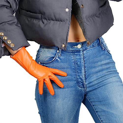 DooWay Damen Abendhandschuhe Kunstleder Orange Lange Opera Short Party Cosplay Handschuhe, Orange, 28 cm, 85