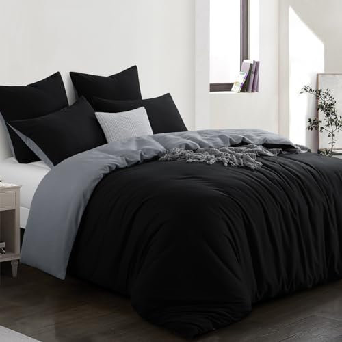 Aisbo Bettwäsche 220x240 3teilig Schwarz Grau - Oeko-TEX Wendebettwäsche 220x240cm 3tlg mit Reißverschluss, zweifarbige Bettbezug aus weich Mikrofaser mit Kissenbezüge