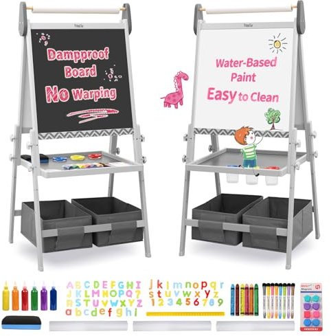 FUNLIO Staffelei Kinder von 3-8 Jahren, Anti-Warp-Tafel und löschbarer Rahmen, Kindertafel mit Kreide und Magnet/Whiteboard, 3-fach höhenverstellbar, All-in-One Staffelei mit Papierrolle, Grau