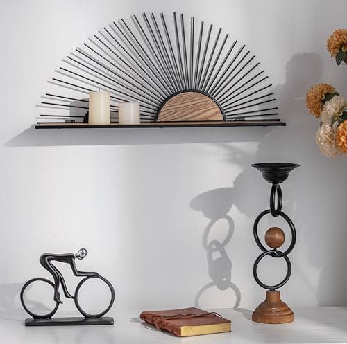 K&L Wall Art Holz Wandregal Metall Hängeregal Natur Holzoptik Vintage Metallregal schwarz für Wohnzimmer (Sonnenaufgang)