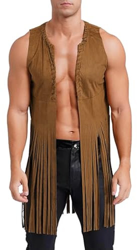 Generisch Weste Herren Fransen Hippie Cowboy Wildleder Westen mit Nieten Retro Hippie Flower Power Kostüm Ärmellos Cowboy Fransenweste Indianer Jacke Karneval Halloween Jackeweste