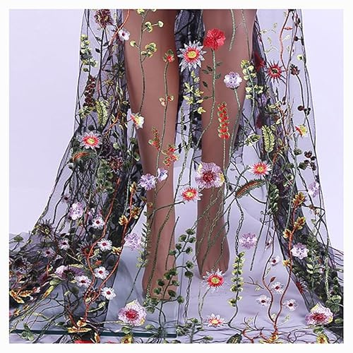 BrightGlow Tüll Stoff Floral Bestickter Spitzenstoff Tüllstoff Meterware mit Blumen Stoff zum Nähen Tüll Deko Stoffe Kostümstoff Dekostoff für DIY Bekleidung Tüllrock Hochzeit Schwarz 200 X 150CM