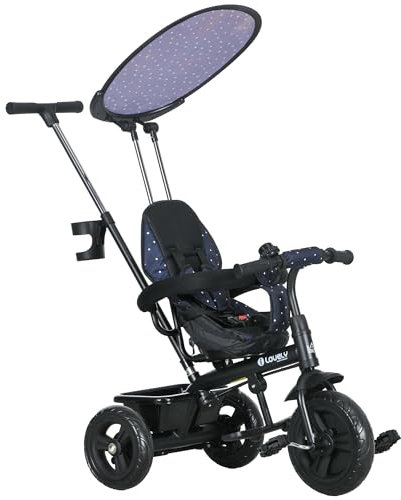 HOMCOM 6-in-1 Dreirad mit Schubstange ab 9 Monate bis 25 kg Kinderdreirad mit abnehmbarem Sonnendach, Sicherheitsgurt Getränkehalter Korb Laufräder Laufrad für 1-5 Jahre Kinder, Dunkelblau