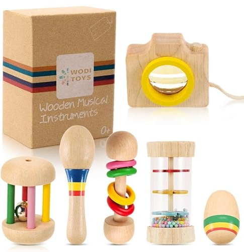 6 Stück Babyrassel Set Aus Holz Rassel Baby Holzspielzeug Baby-Musikinstrumente Angenehme Musik, Geeignet für Babys Im Alter Von 3-6-12-36 Monaten,Ideales Geschenk Junge/Mädchen