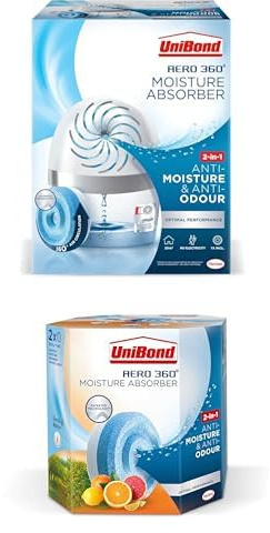 BUNDLE of UniBond AERO 360º Moisture Absorber, 1 Device and 1 Refill tab + UniBond Aero 360 CITRUS Refill (2 Pack), Ultra-Absorbent Dehumidifier, Helps to Prevent Condensation, Recyclable