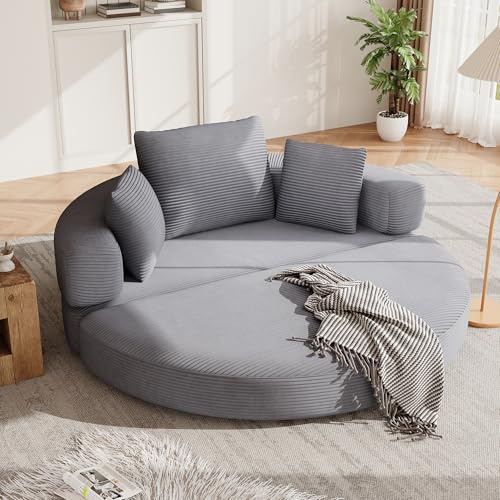 Merax Klappsofa Bett 2 in 1 Boneless Couch Schlafsofa Klappsofa Bett Gästebett Lazy Sofa Bodensofa, Modulares Bodensofa mit Kissen, oval 173x176 cm, Sofa für Wohnzimmer & Schlafzimmer,Grau