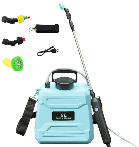 Pulverizador eléctrico de 5 l/8 l para jardín, con 3 boquillas ajustables, recargable por USB y mango telescópico, pulverizador a presión para riego, desherbado y patio (5 l-Azul)