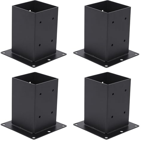 4 Pcs Post Base Kit , 90x90mm Heavy Duty Powder-Coated Fence Post Anchor, Easy Installation Pergola Bracket Kit 4-Way, Fixings Included, Steel Square Support Base for Deck Fence Pergola(4x4)
