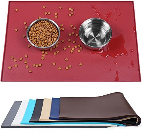 VIVAGLORY Dog & Cat Feeding Mat - Waterproof, Non-Slip Silicone Mat with Raised Edge - Burgundy, L(60x40cm)