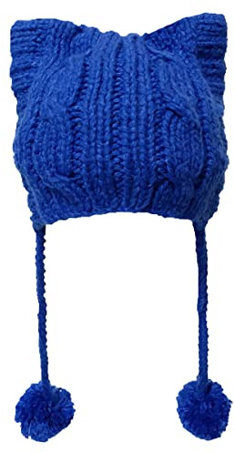 BIBITIME Winter Damen Mütze Muschi Katzenohren Beanie Geflochtene Pompon Bälle Strickmütze, königsblau, Einheitsgröße