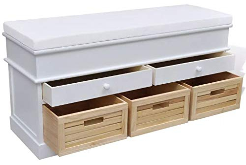 Tidyard Truhenbank Schubladenschrank Sitzbank mit 2 Schubladen und 3 Kisten, aus Paulownia Holz, 100 x 35 x 50 cm, Weiß