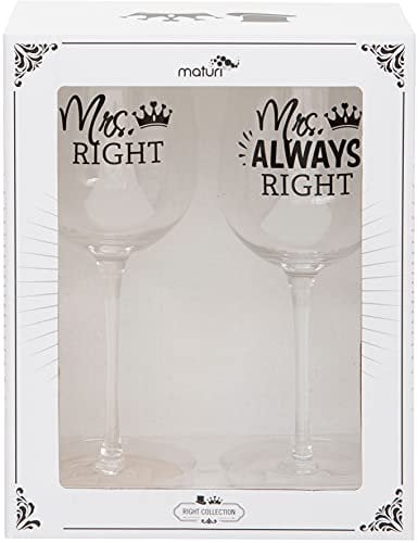 Juego de dos copas de vino 'Mrs Right Mrs Always Right', caja de regalo, 400 ml
