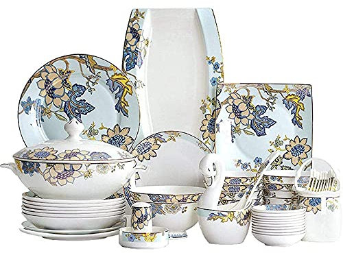 MNSSRN Modernes Abendessen-Set, Blumenmuster-Keramik-Combo-Set, mit Dinner-Platte/Dessert-Platte/Suppenplatte/Schüssel, serviert 10 Personen