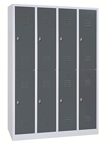 Schrank & Stuhl Spind – Metallspind mit 4 x 2 Abteilen in 195 x 117 x 50 cm, Schließfachschrank mit Drehriegelverschlüssen, Lieferung komplett montiert, Grau/Anthrazit