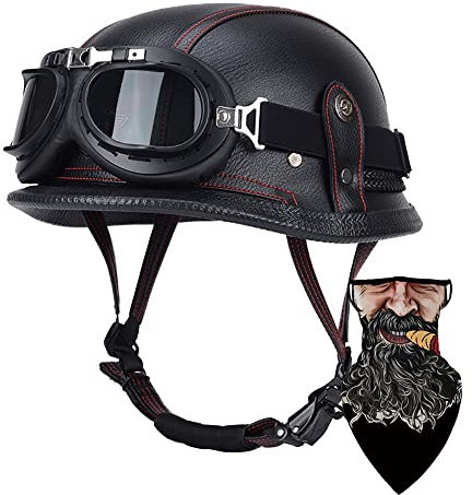 DIRERTYS Deutsche Leder Motorrad Halbhelme Retro Halbschalenhelm JetHelm mit Visier Schnellverschluss Schnalle für Cruiser Chopper Biker Moped DOT/ECE-Zulassung