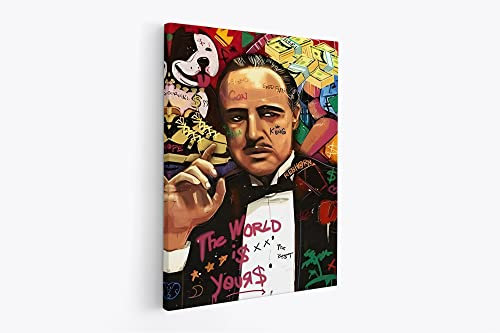 tradercat XXL Motivation-Wandbild - der pate the godfather the world is yours pop art graffiti - Poster für Erfolg und Fitness, Leinwand und Poster komplett und aufhängefertig (105 x 140 cm)