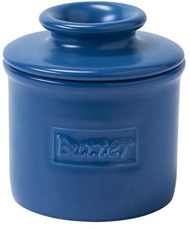 Butter Bell Crock by L. Tremain French Ceramic Butter Keeper, Navy Matte | Café pattern crock in a modern matte glaze. Water seal keeps butter fresh & spreadable—no refrigeration needed.