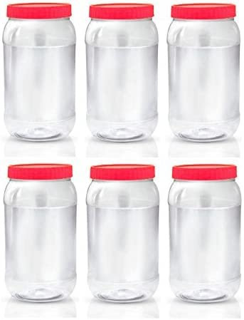 (Pack of 24) - 2000 ML Plastic Storage Round Pet Jars with Airtight Red Screw Top Lids Clear Storage Containers Set Bottle jars Kitchen Food Storage Canister For Hardware Cereal Spices Sugar Sweets