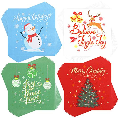 100 Stück Weihnachtsservietten Schneemann Papierservietten Fröhlicher Weihnachtsbaum Schneeflocke Cocktail Servietten Weihnachtselch Gastpapier Handtuch Winter (Schneemann, 10 x 10 Zoll)