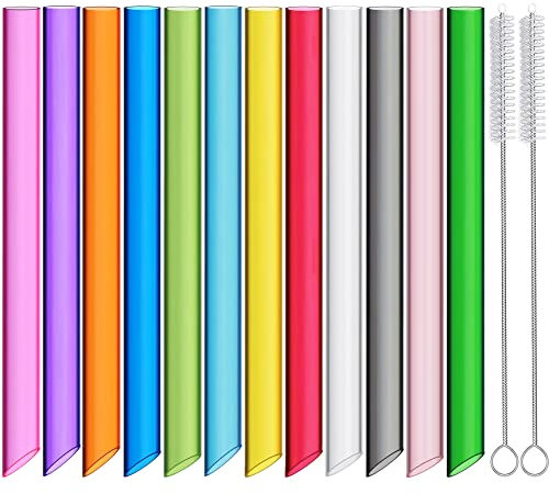 ALINK 12-Pack Reusable Plastic Boba Straws, 13 mm x 10.5 inch Long Wide Clear Smoothie Straws for Bubble Tea, Tapioca Pearls, Milkshakes with 2 Cleaning Brush - Pointed Design