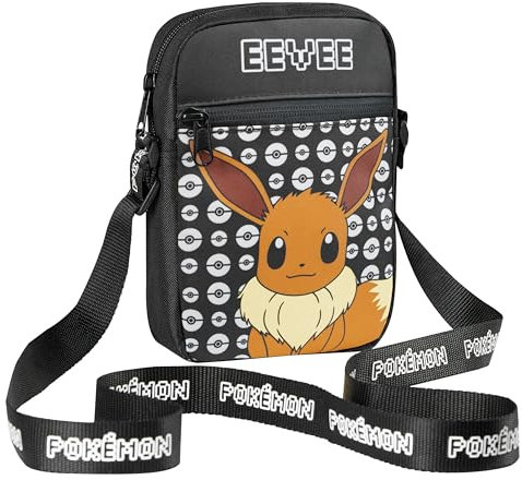 Pokemon Kinder Umhängetasche, Pikachu Reisetasche mit Verstellbarer Schultergurt, Großes Hauptfach mit Reißverschluss Kinder Geschenke (Schwarz Evoli)