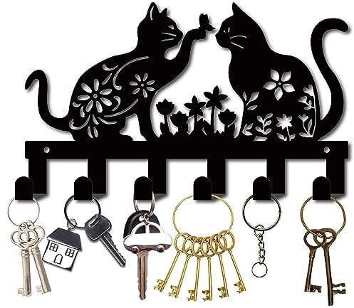 CREATCABIN Porte-Clés Métal Forme Chat pour Crochets Clés Muraux Support Fer avec 6 Crochet Organiseur Suspendre pour Clés Métal Noir Décoration Murale pour Entrée Porte Couloir Bureau 27x16cm